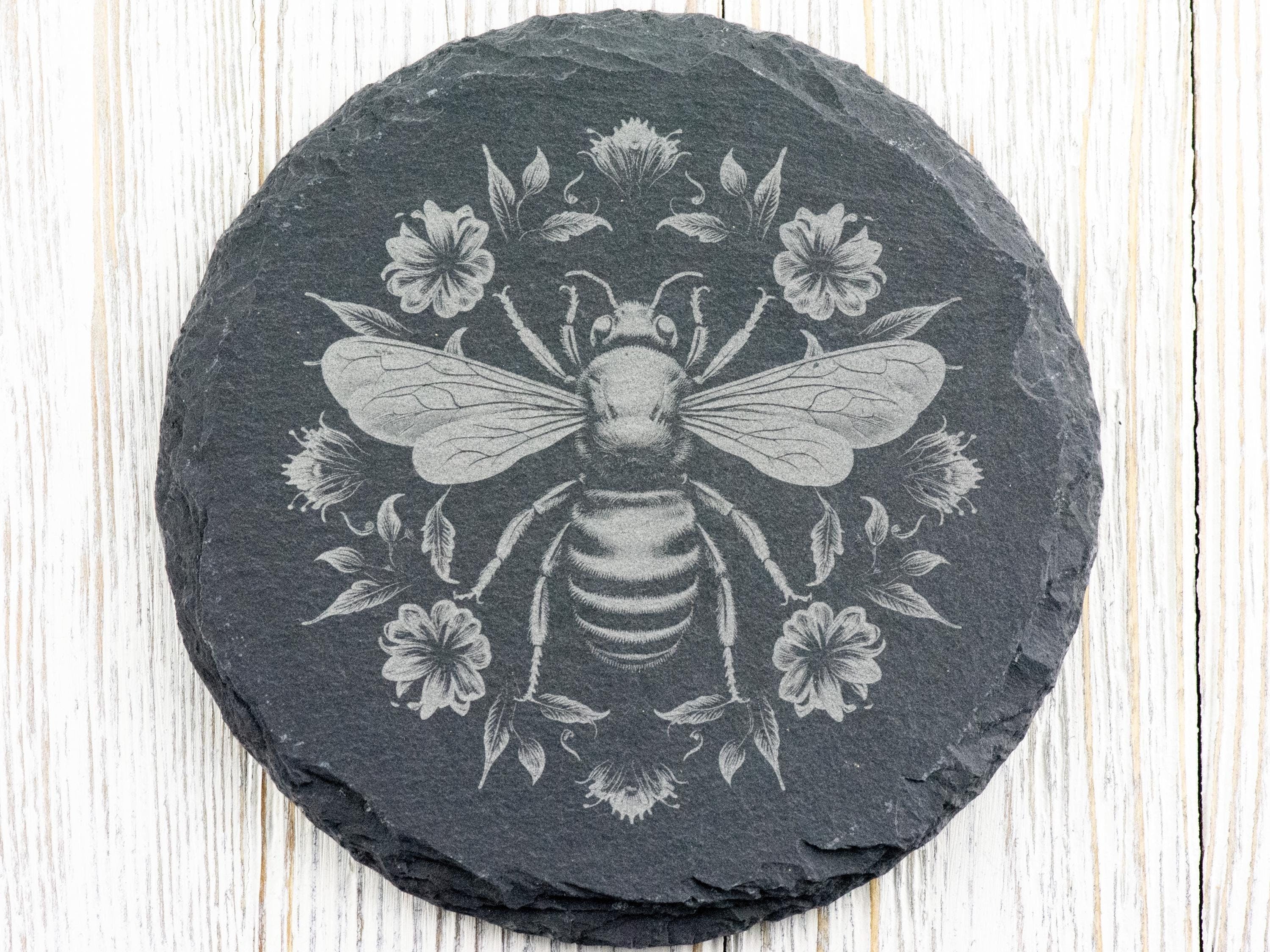 Floral Bumble Bee #1 Black Slate Round Coaster • Laser-Engraved Rustic Barware