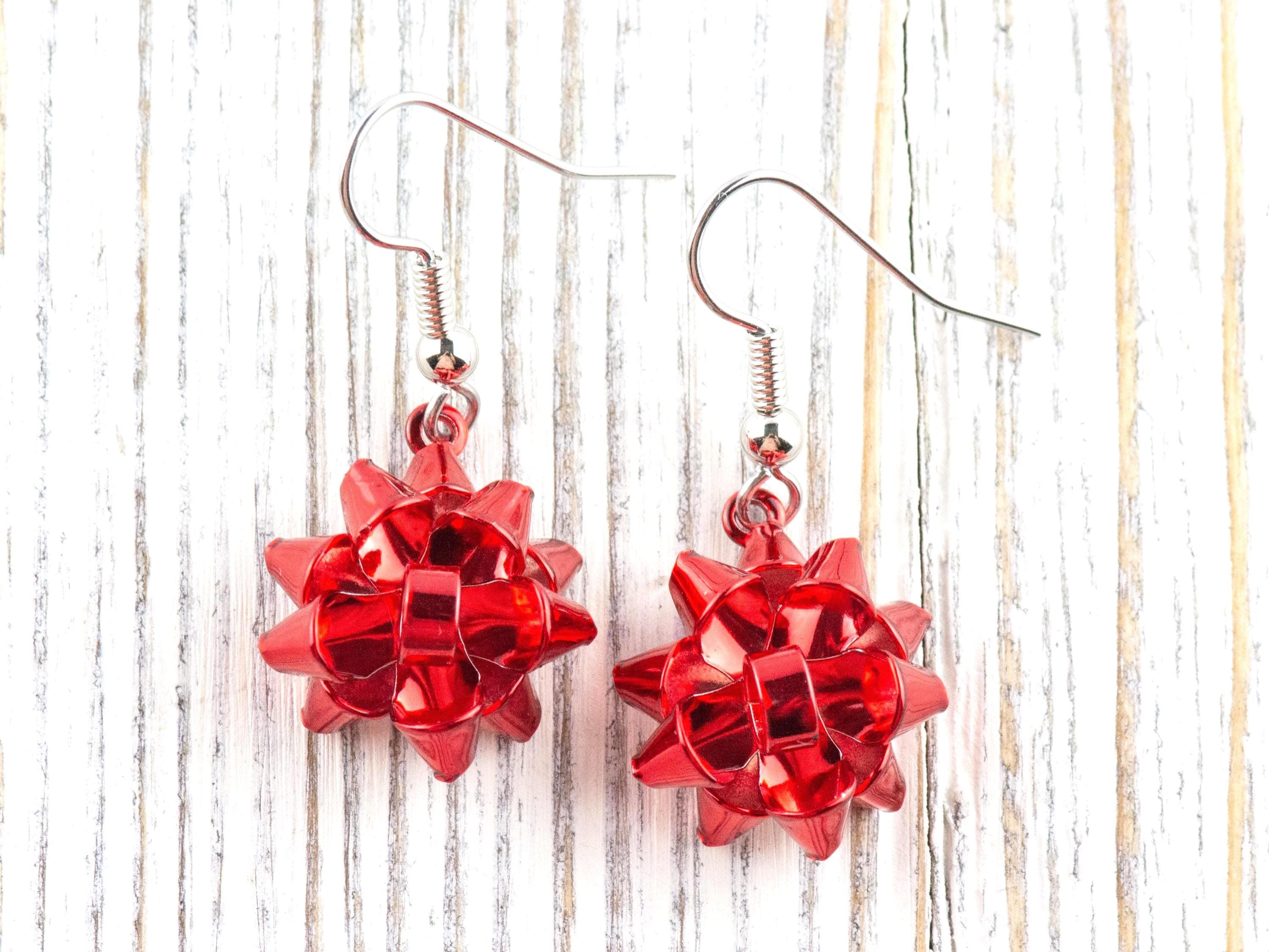 Red • Green • Gold • Christmas Bow Dangle Earrings • Handmade Holiday Jewelry