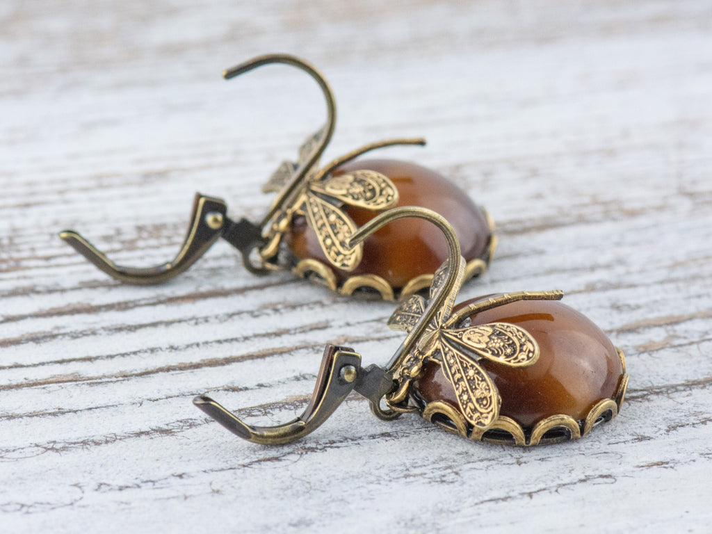 Tiger's Eye Brass Dragonfly Lever Back Earrings