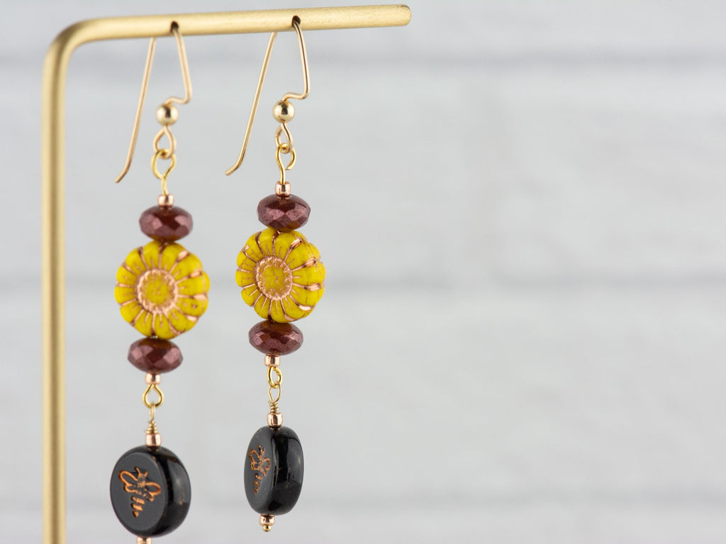 Bumble Bee & Sunflower Beaded Earrings | Czech Glass | 14k Gold-Filled Ear Wires | Nature-Inspired Jewelry