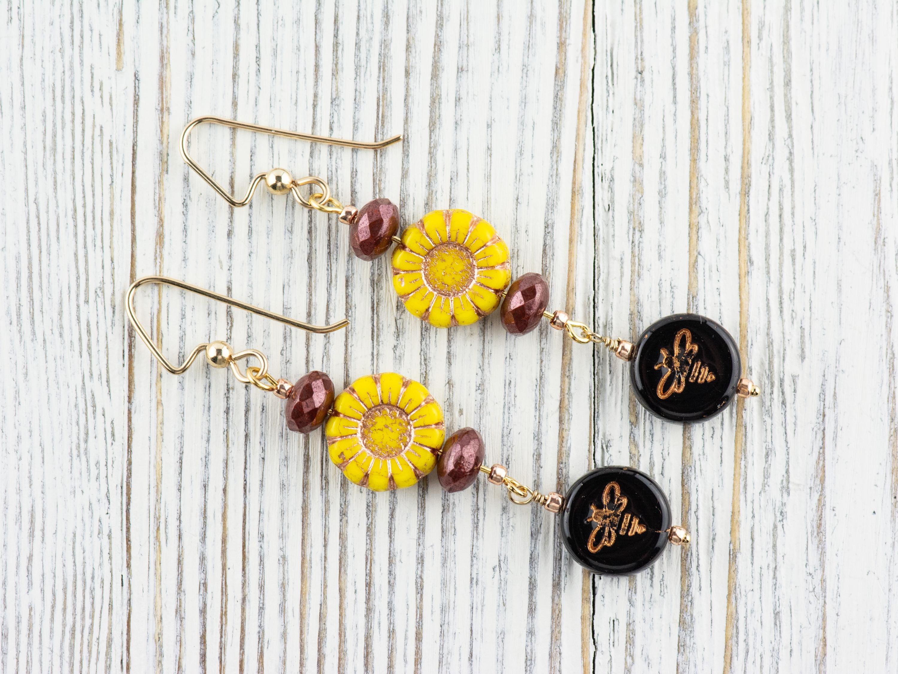 Bumble Bee & Sunflower Beaded Earrings | Czech Glass | 14k Gold-Filled Ear Wires | Nature-Inspired Jewelry