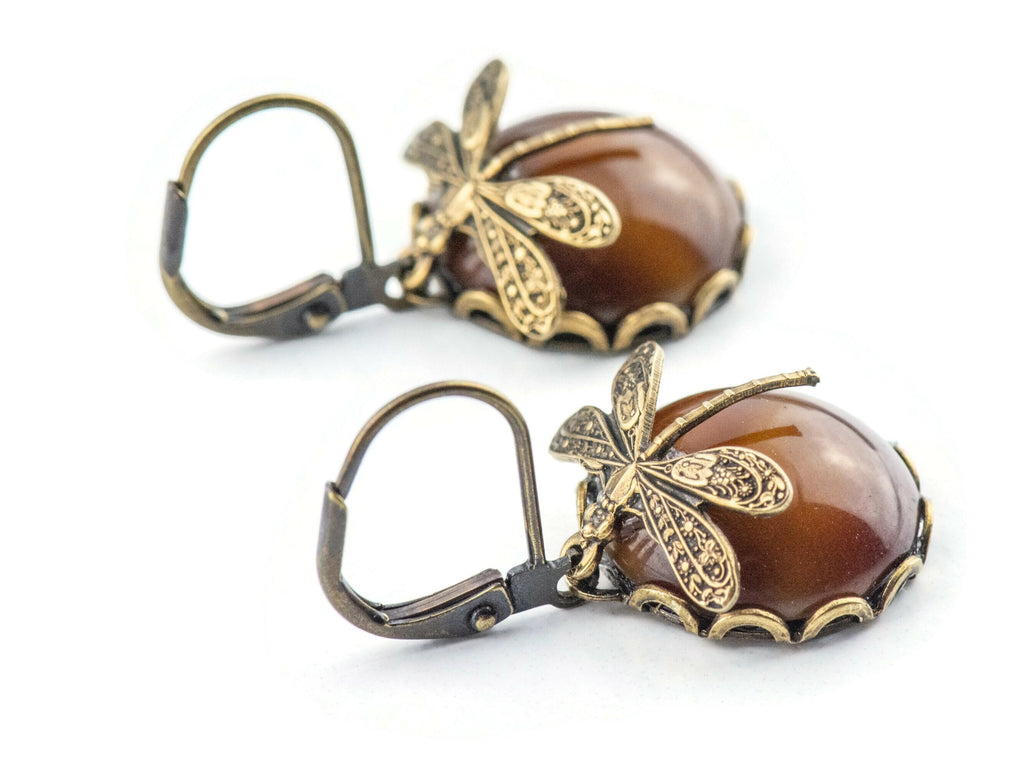 Tiger's Eye Brass Dragonfly Lever Back Earrings