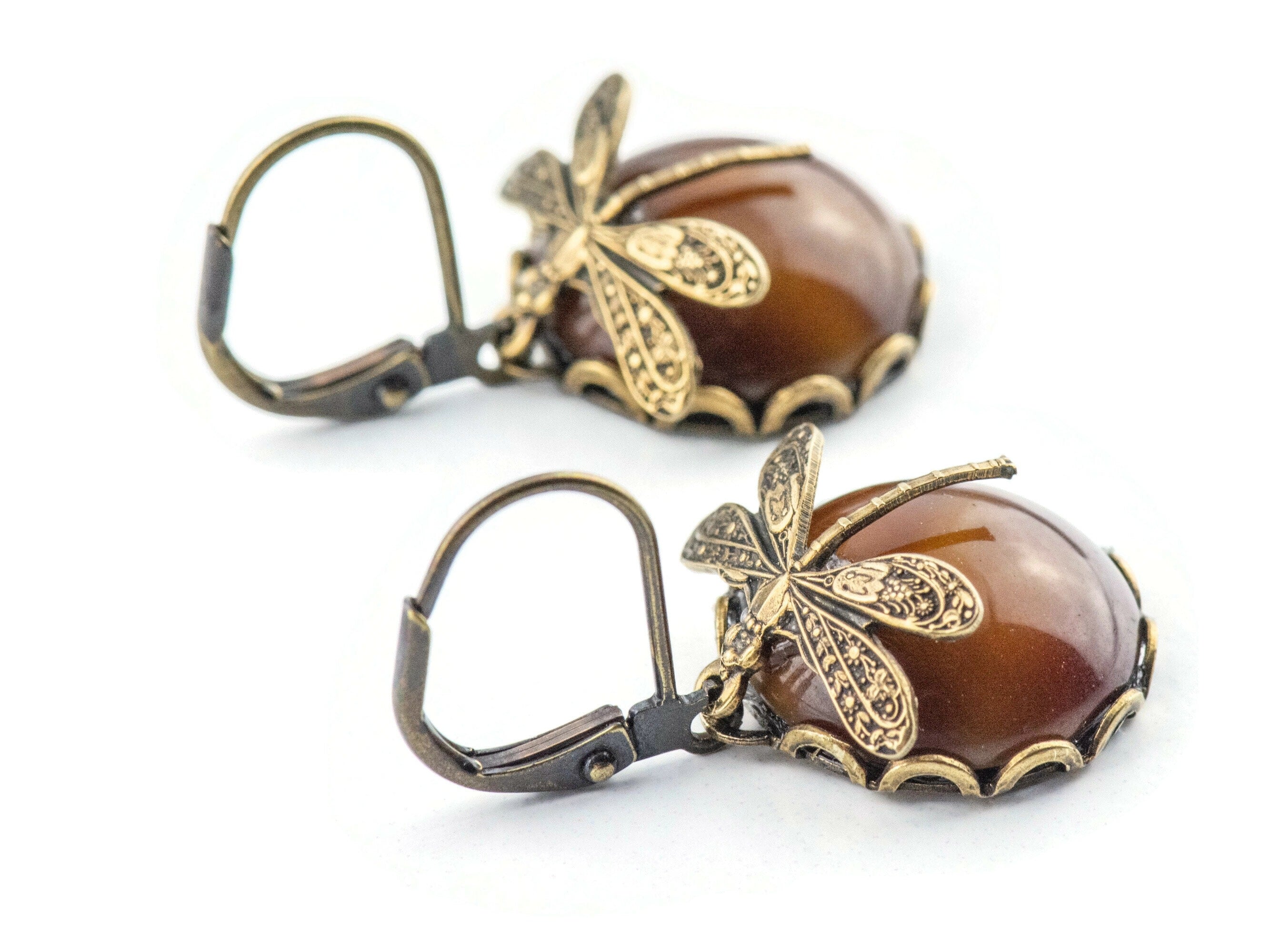 Tiger's Eye Brass Dragonfly Lever Back Earrings