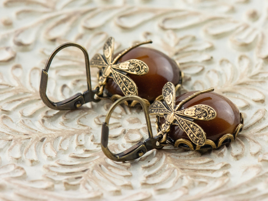 Tiger's Eye Brass Dragonfly Lever Back Earrings