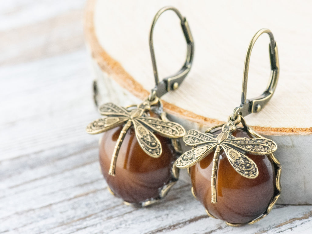 Tiger's Eye Brass Dragonfly Lever Back Earrings