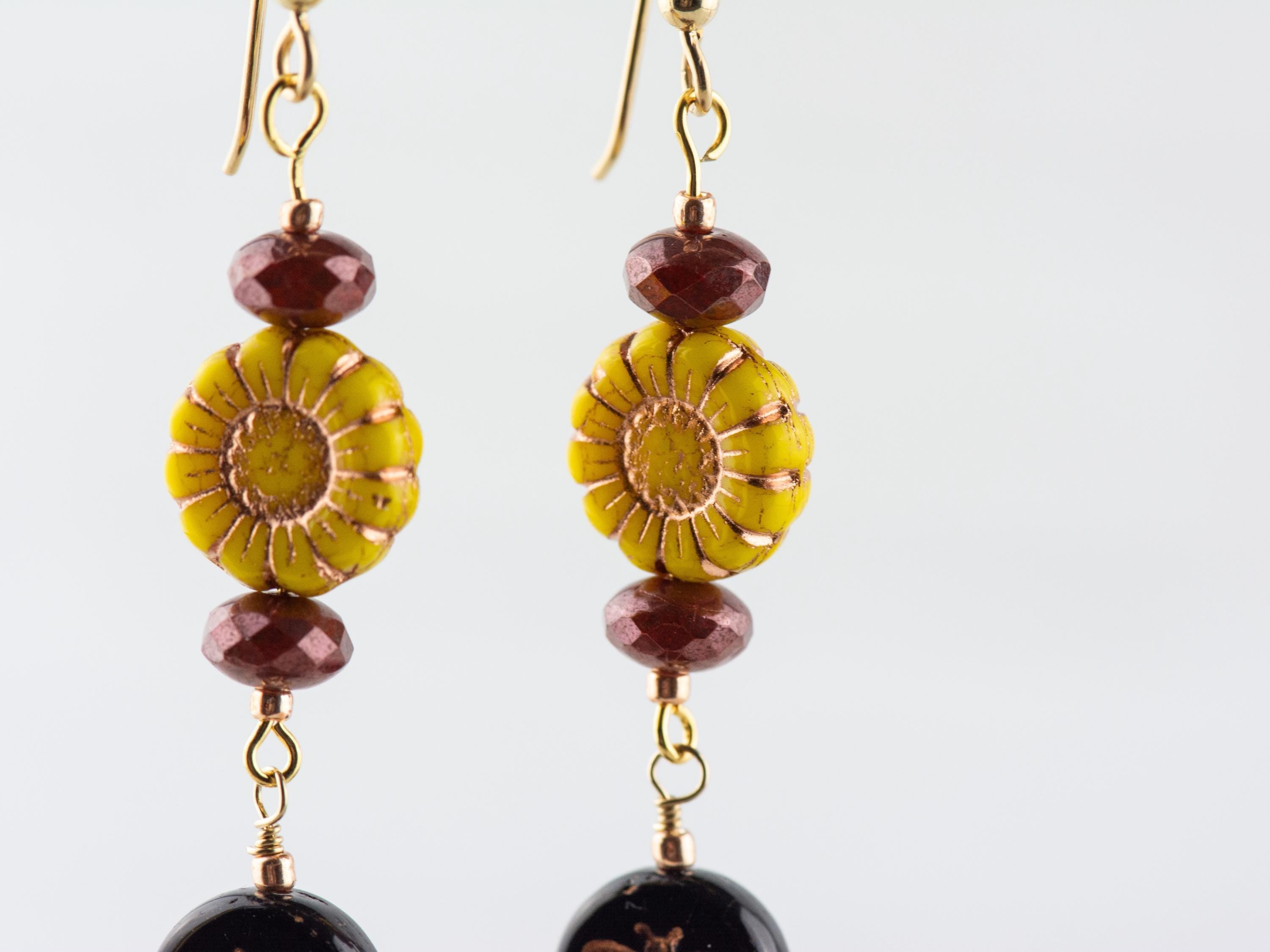 Bumble Bee & Sunflower Beaded Earrings | Czech Glass | 14k Gold-Filled Ear Wires | Nature-Inspired Jewelry