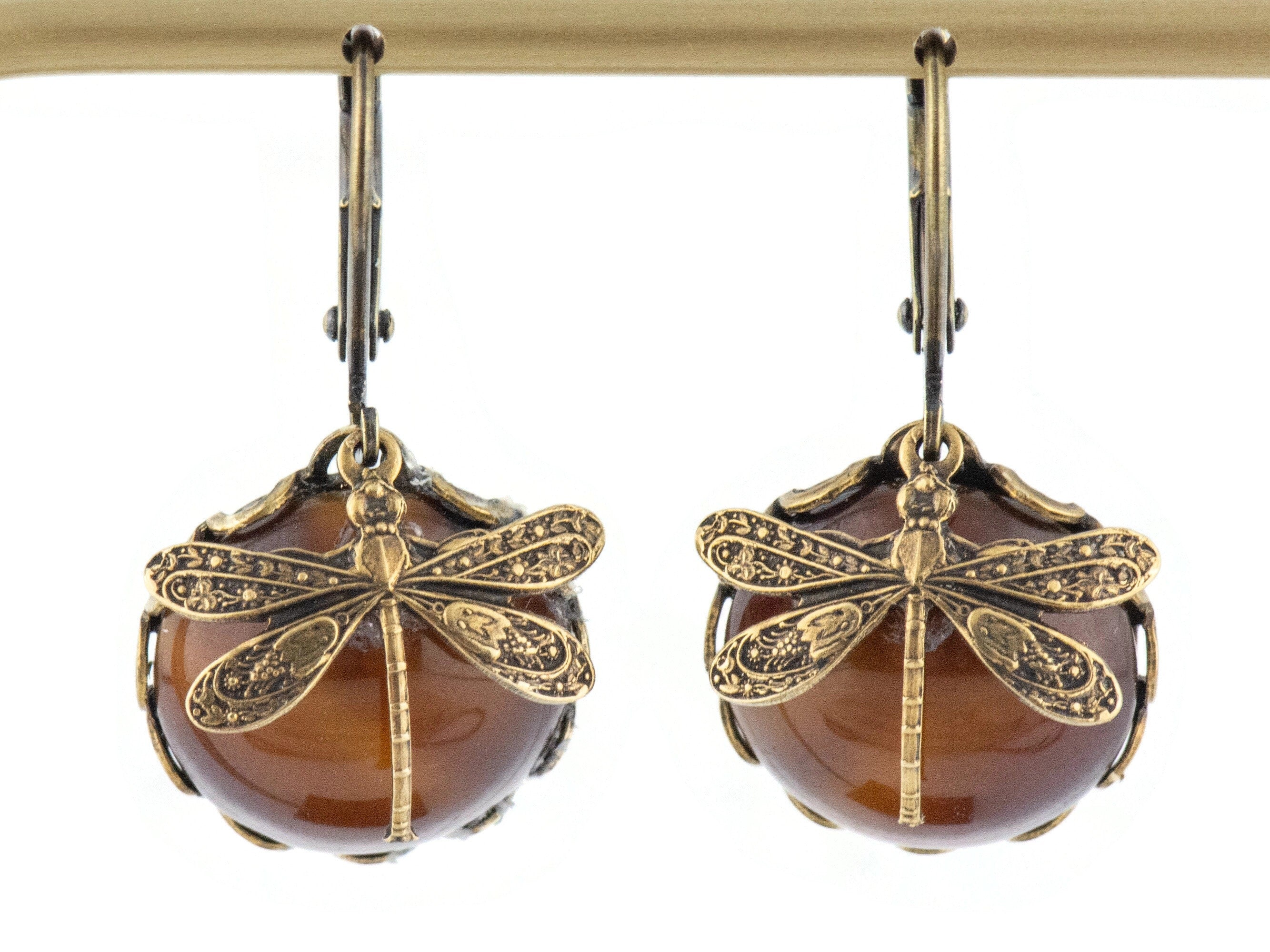 Tiger's Eye Brass Dragonfly Lever Back Earrings