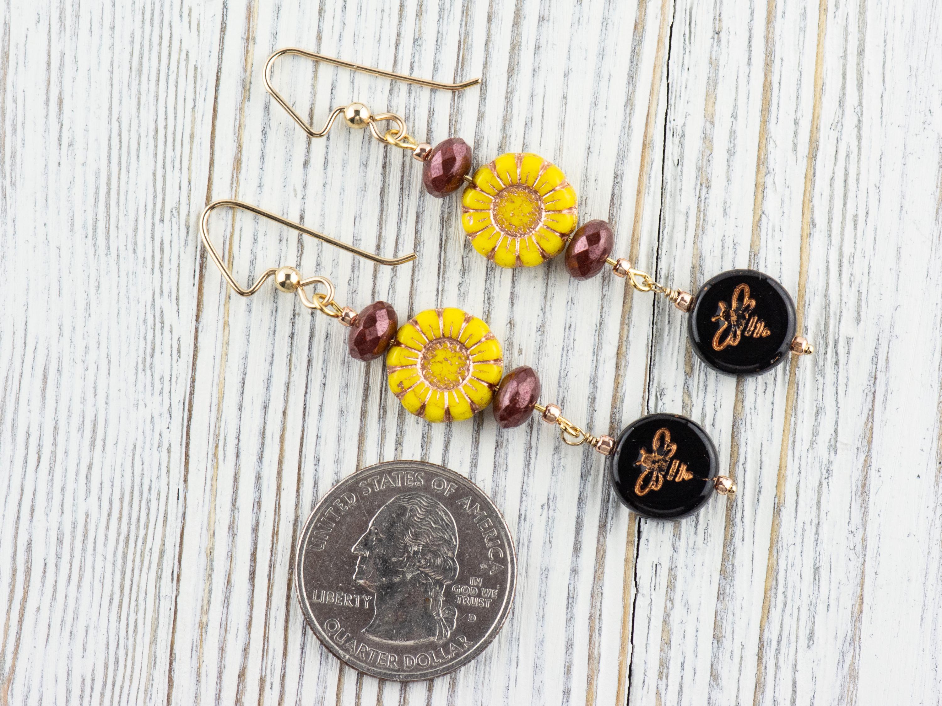 Bumble Bee & Sunflower Beaded Earrings | Czech Glass | 14k Gold-Filled Ear Wires | Nature-Inspired Jewelry