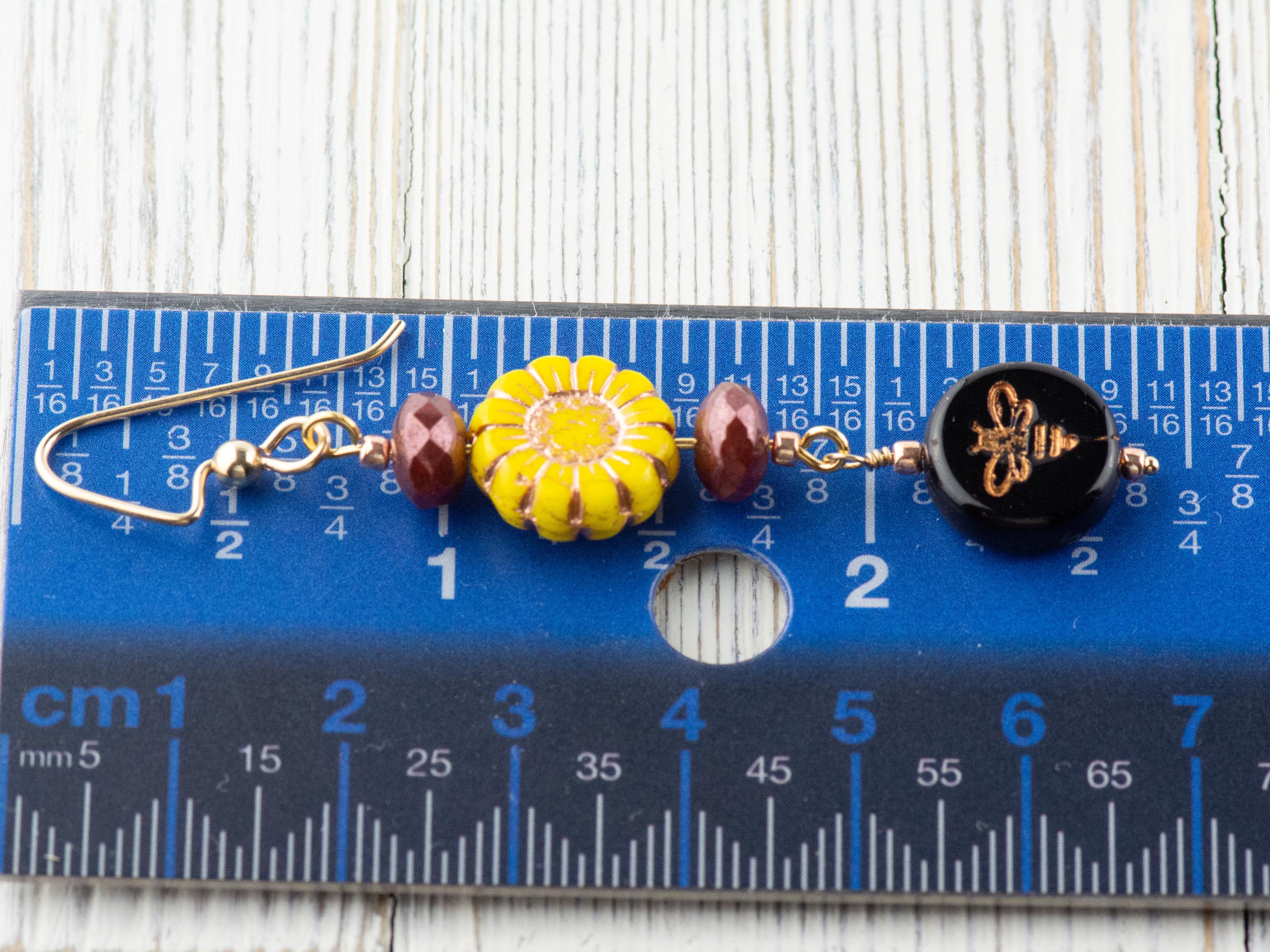 Bumble Bee & Sunflower Beaded Earrings | Czech Glass | 14k Gold-Filled Ear Wires | Nature-Inspired Jewelry