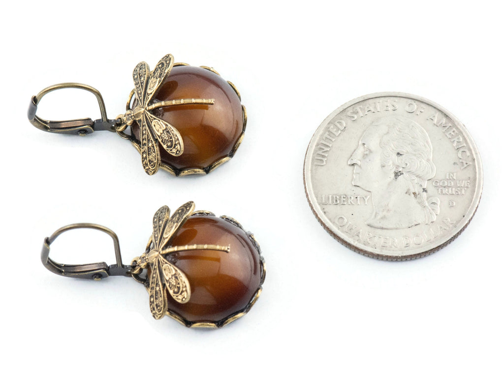 Tiger's Eye Brass Dragonfly Lever Back Earrings
