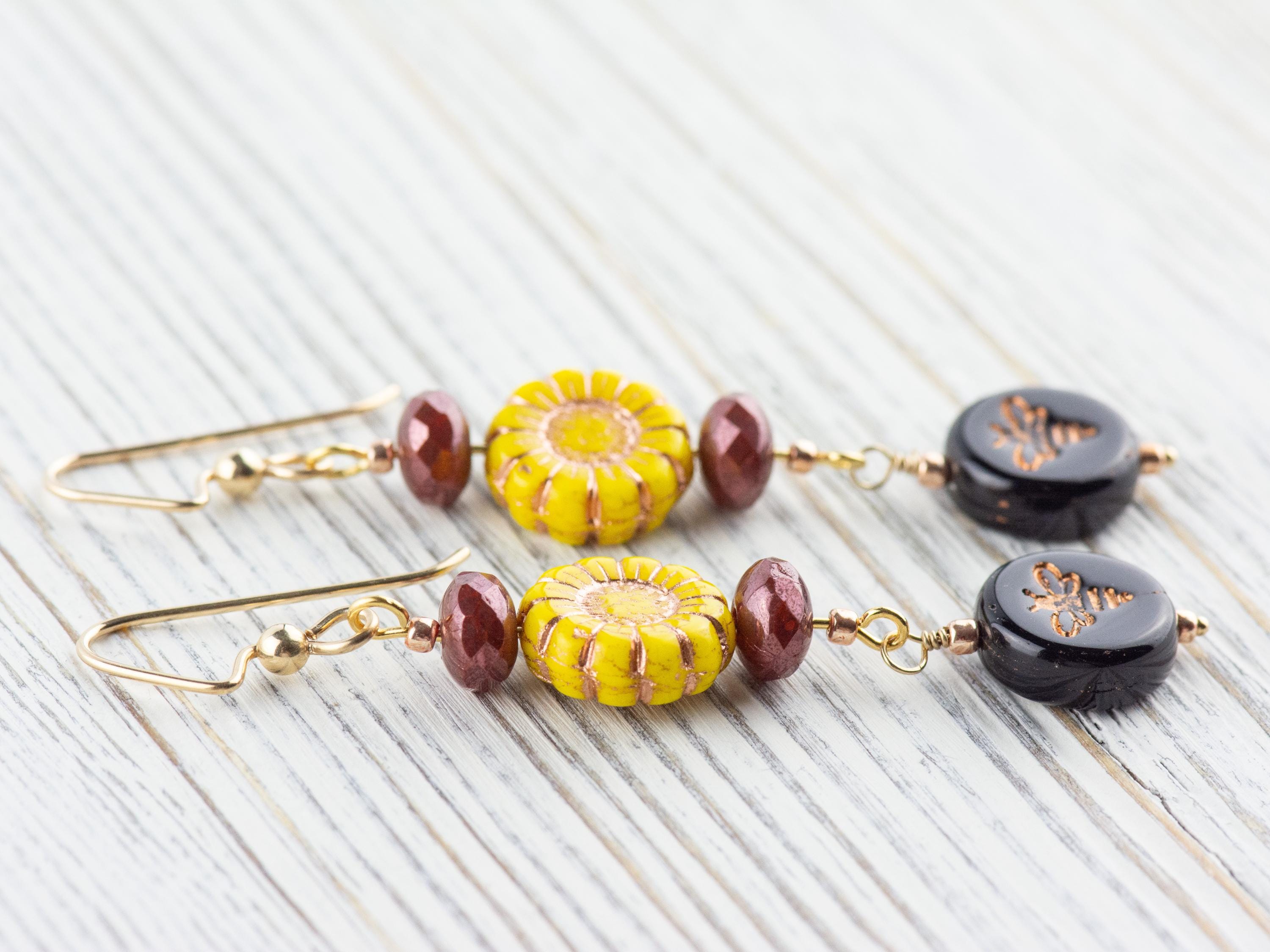 Bumble Bee & Sunflower Beaded Earrings | Czech Glass | 14k Gold-Filled Ear Wires | Nature-Inspired Jewelry