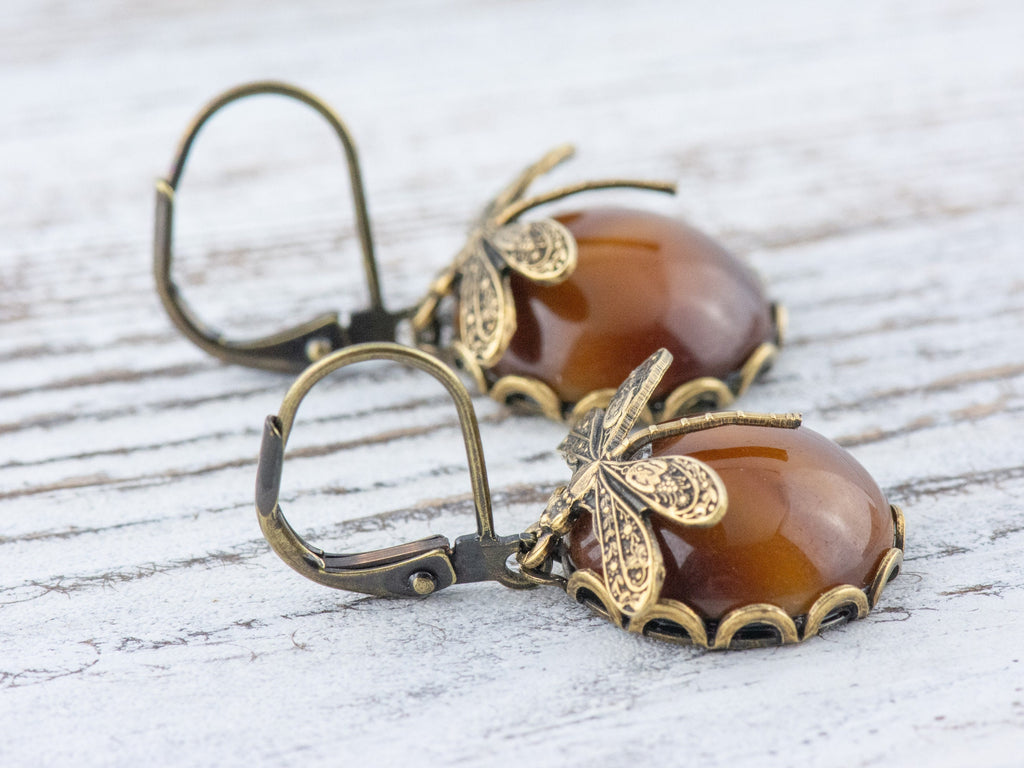 Tiger's Eye Brass Dragonfly Lever Back Earrings