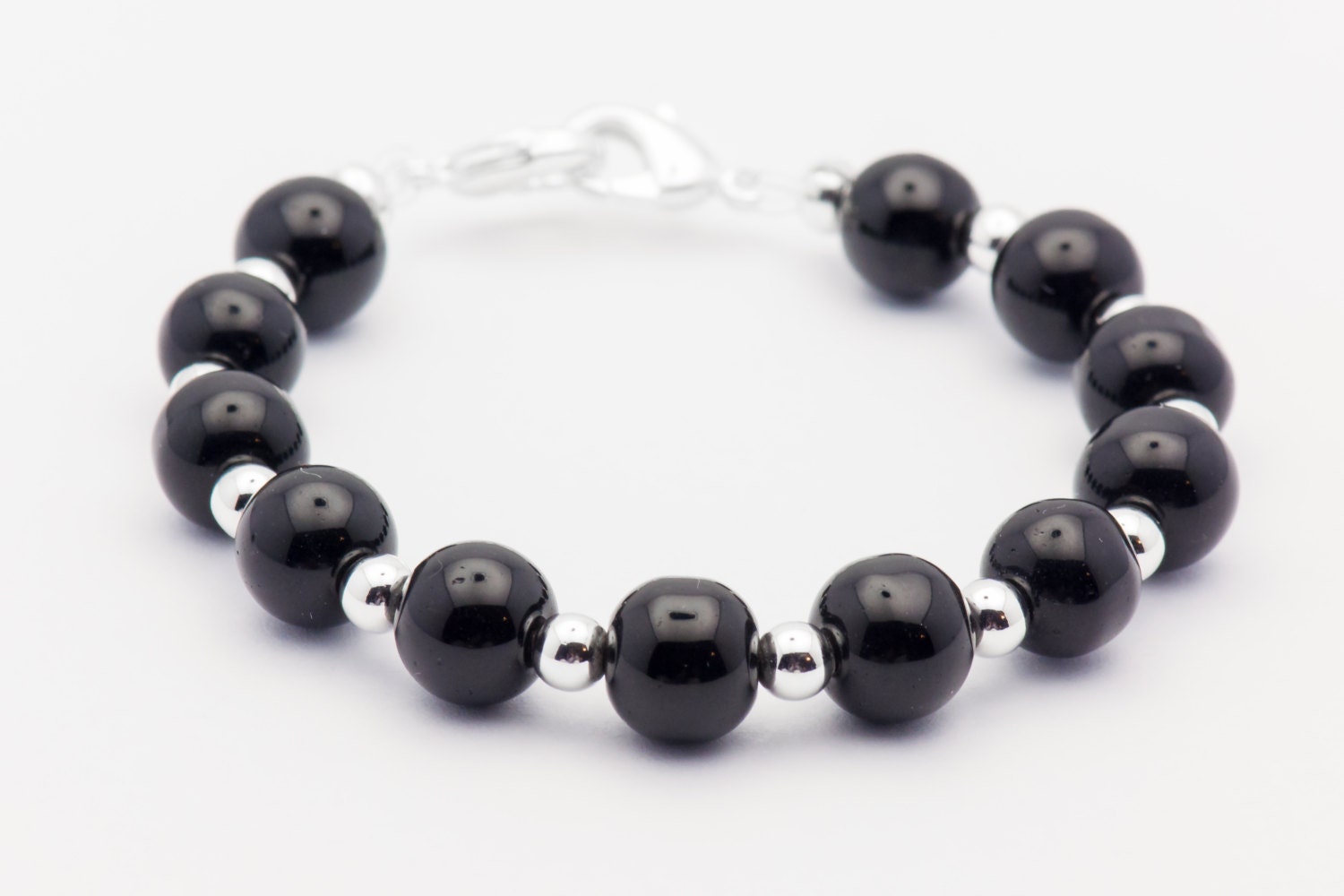Black Glass Round Stretch Interchangeable Beaded Bracelet Watch Band, Medical ID Bracelet, Bracelet Watch Band - L, XL