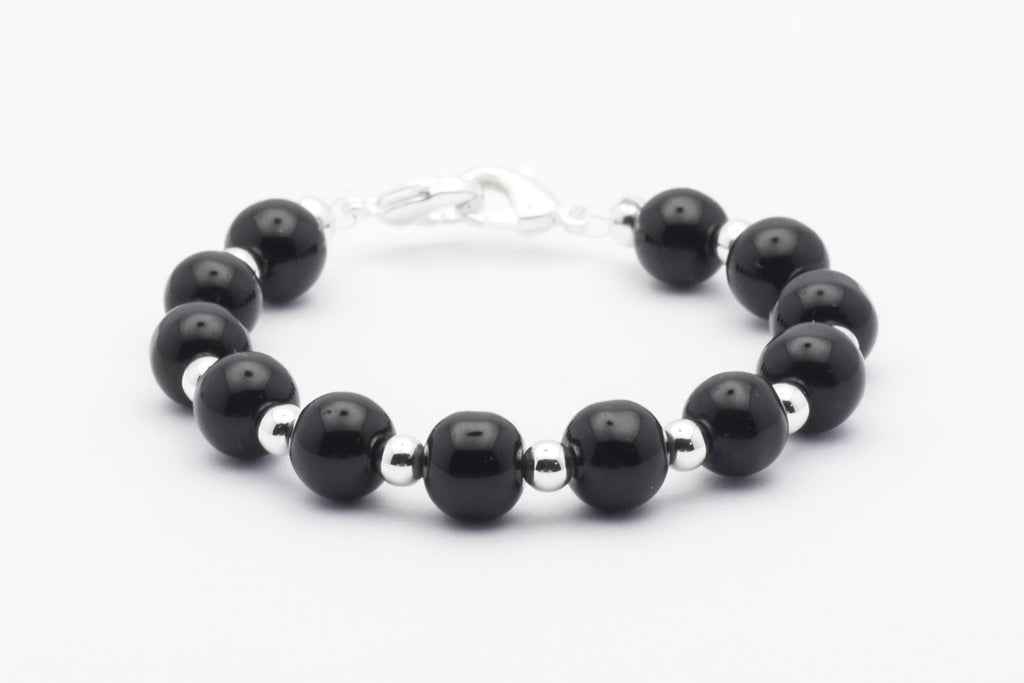 Black Glass Round Stretch Interchangeable Beaded Bracelet Watch Band, Medical ID Bracelet, Bracelet Watch Band - L, XL