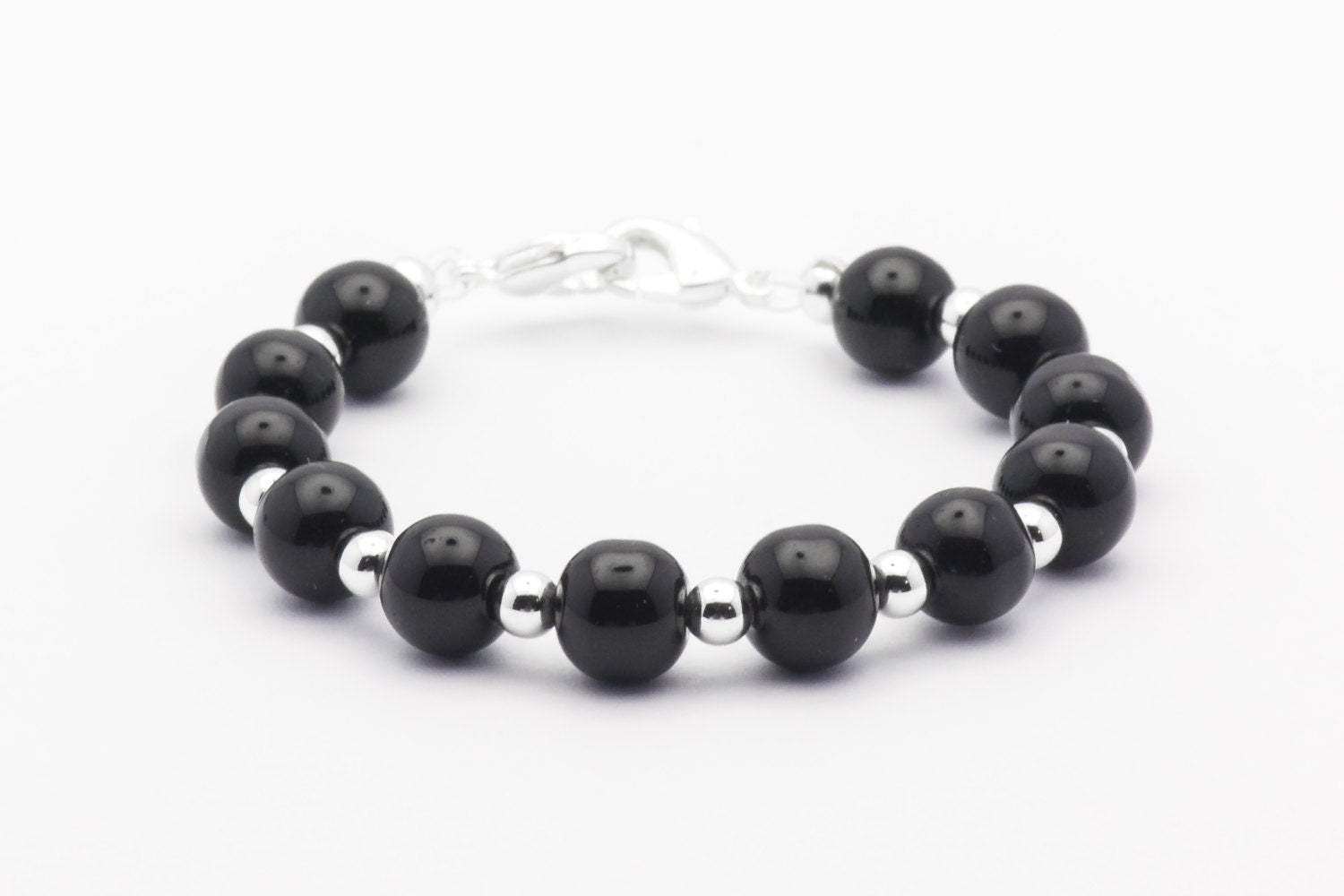 Black Glass Round Stretch Interchangeable Beaded Bracelet Watch Band, Medical ID Bracelet, Bracelet Watch Band - L, XL