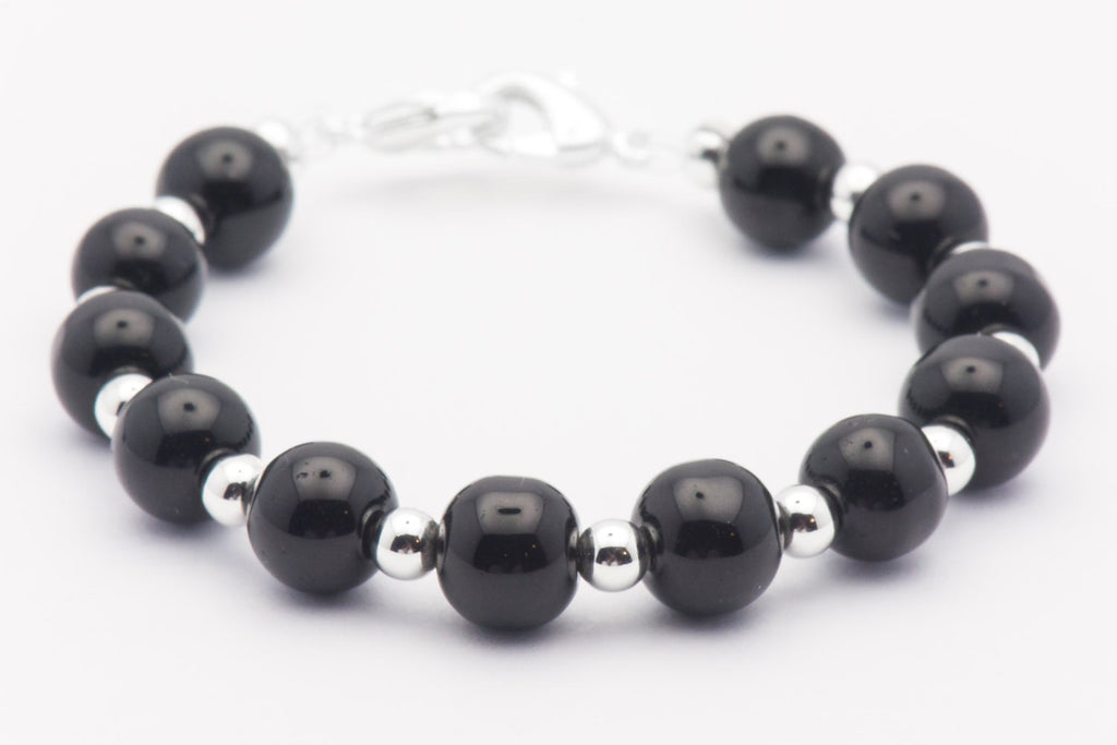Black Glass Round Stretch Interchangeable Beaded Bracelet Watch Band, Medical ID Bracelet, Bracelet Watch Band - L, XL