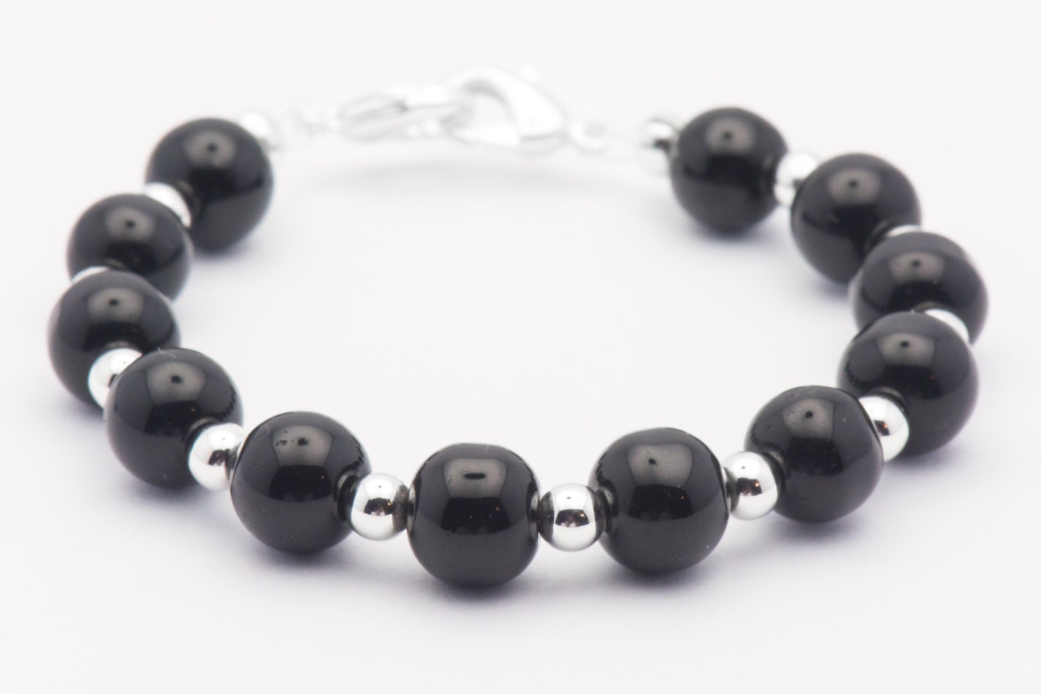 Black Glass Round Stretch Interchangeable Beaded Bracelet Watch Band, Medical ID Bracelet, Bracelet Watch Band - L, XL