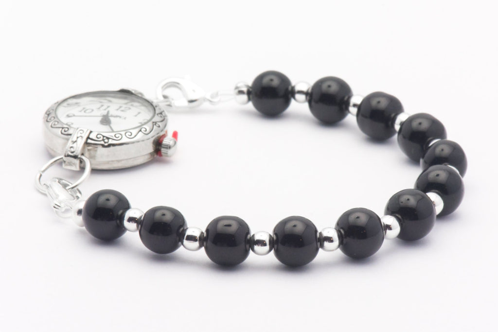 Black Glass Round Stretch Interchangeable Beaded Bracelet Watch Band, Medical ID Bracelet, Bracelet Watch Band - L, XL
