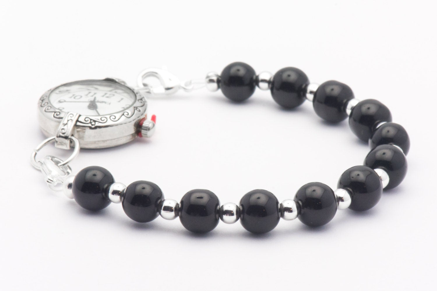 Black Glass Round Stretch Interchangeable Beaded Bracelet Watch Band, Medical ID Bracelet, Bracelet Watch Band - L, XL