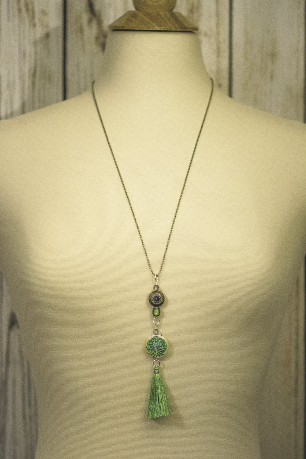 Green Tassel Necklace, Mood Bead, Tassel Necklace, Long