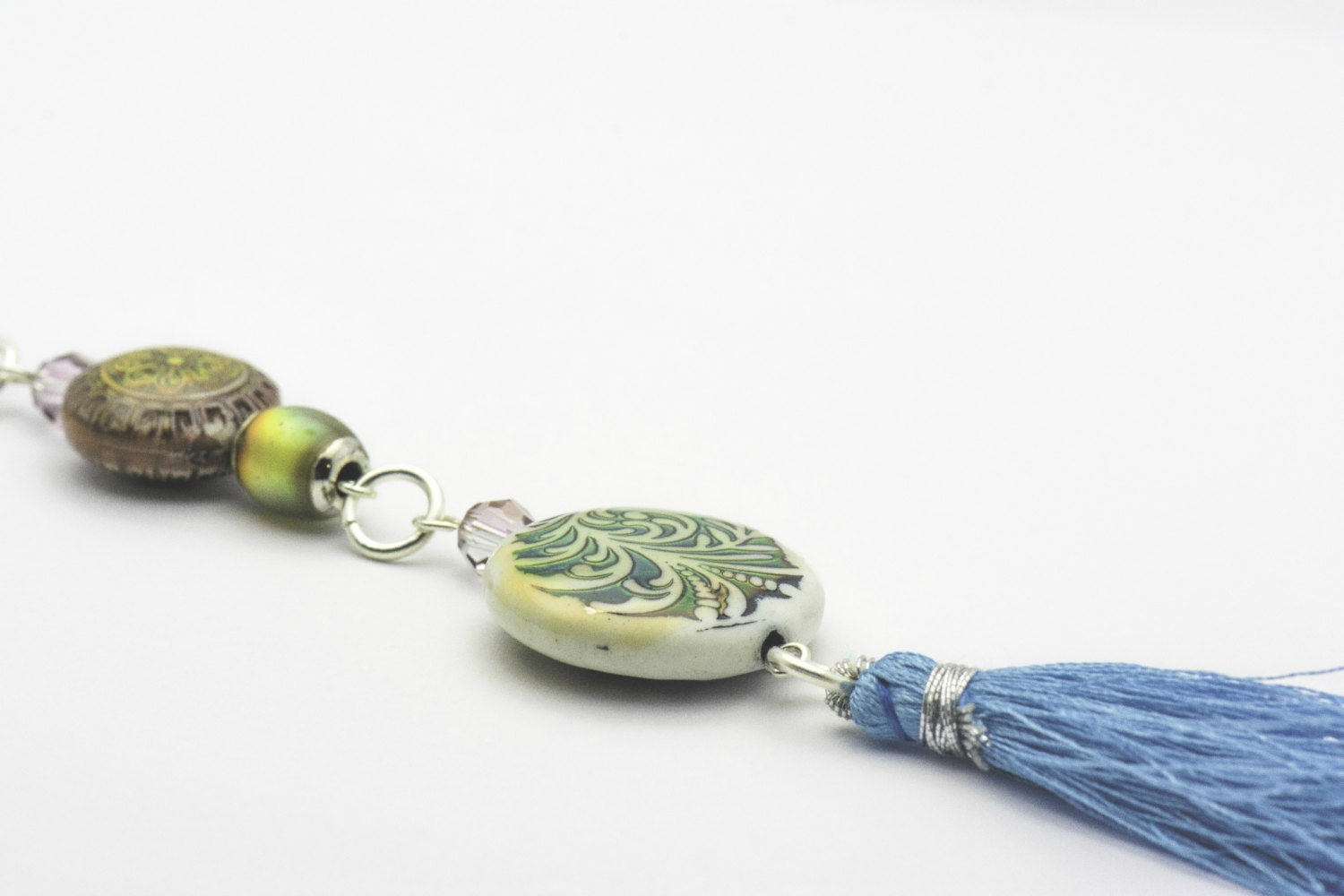 Blue Tassel Necklace, Mood Bead, Tassel Necklace, Long