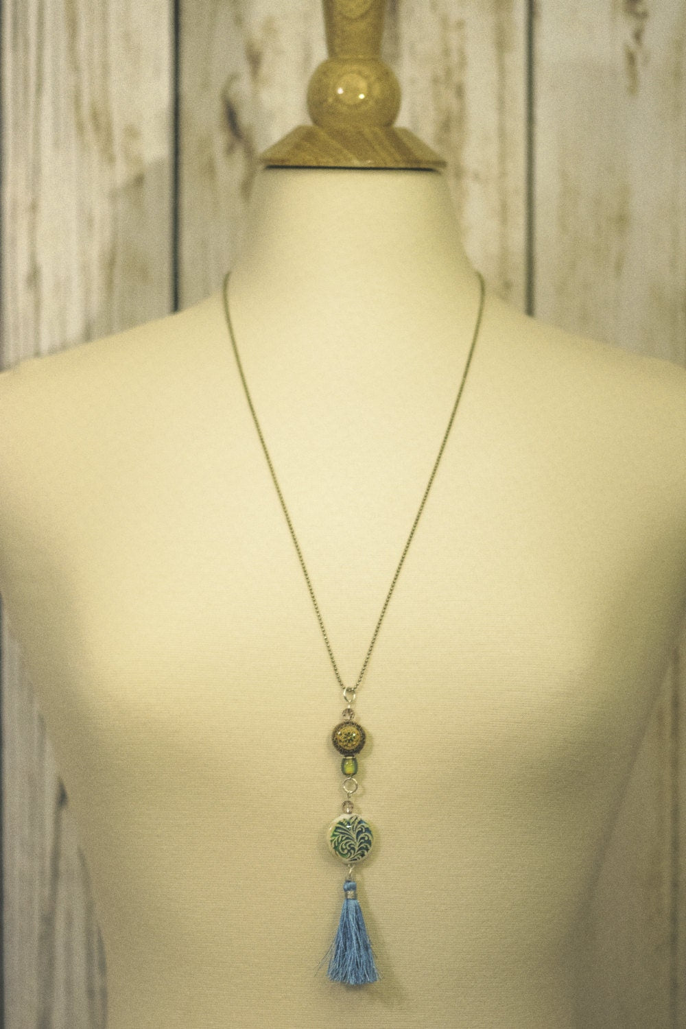 Blue Tassel Necklace, Mood Bead, Tassel Necklace, Long