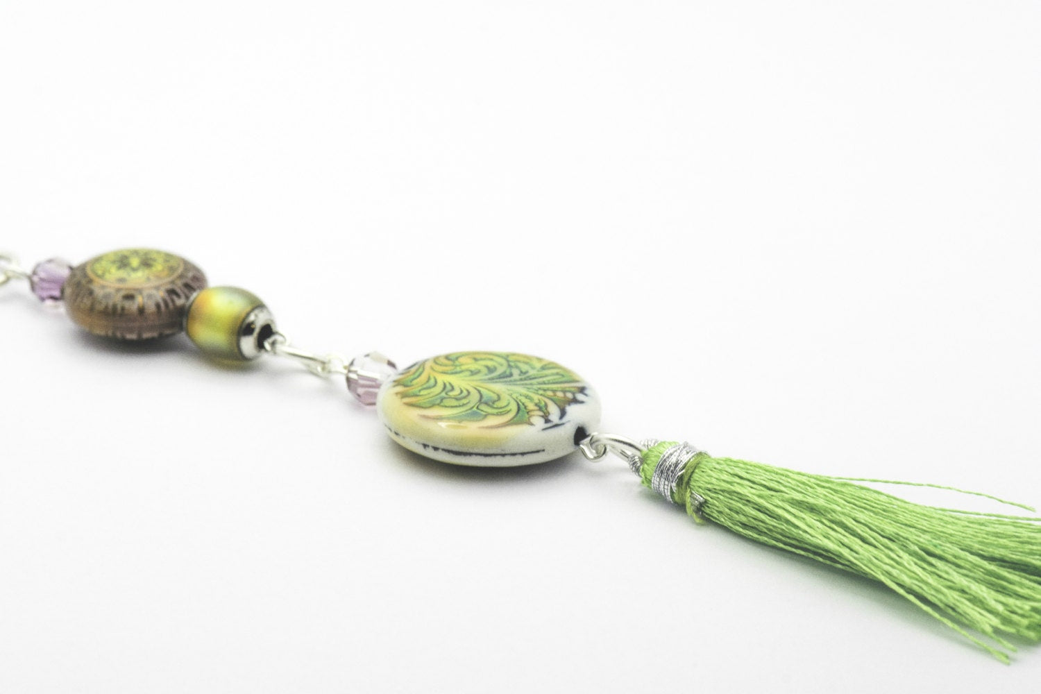 Green Tassel Necklace, Mood Bead, Tassel Necklace, Long