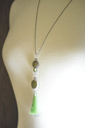 Green Tassel Necklace, Mood Bead, Tassel Necklace, Long