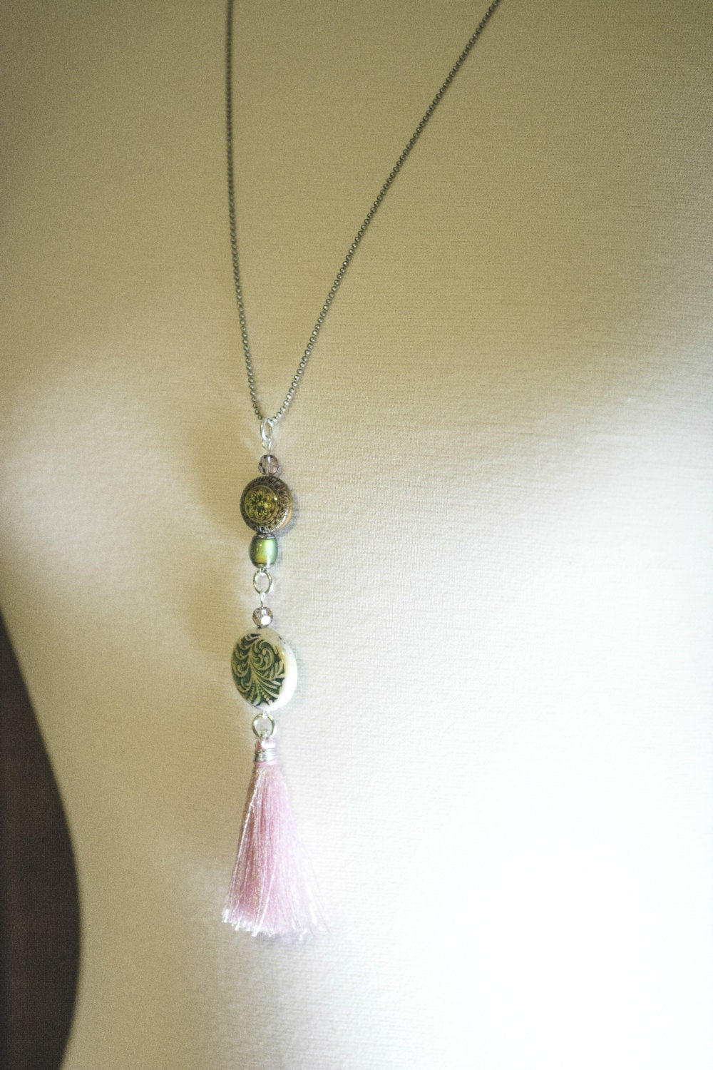 Pink Tassel Necklace, Mood Bead, Tassel Necklace, Long