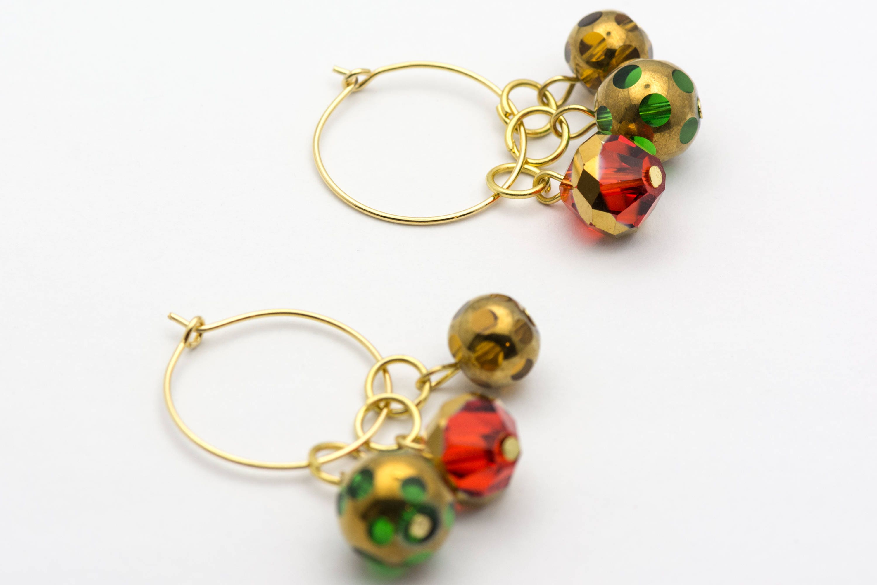 Christmas Hoop Earrings | Red Faceted Glass Hoop Earrings | Holiday Earrings | Gold Hoop Earrings | Open Hoop Earrings | 20mm