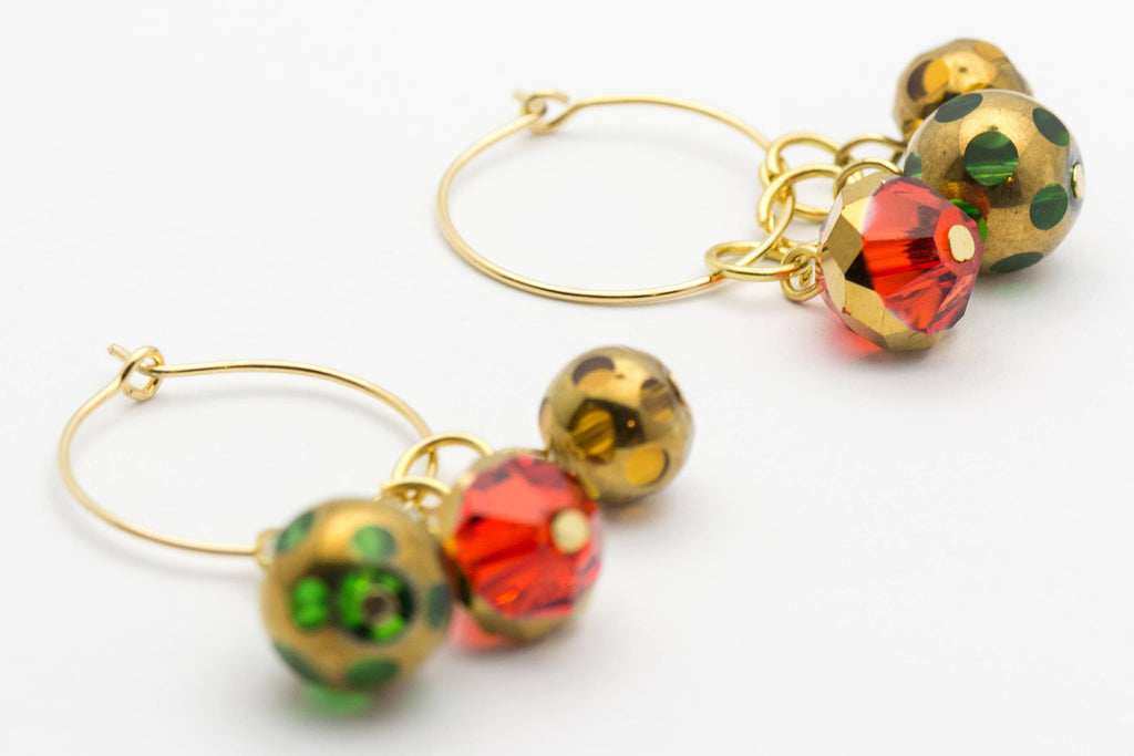 Christmas Hoop Earrings | Red Faceted Glass Hoop Earrings | Holiday Earrings | Gold Hoop Earrings | Open Hoop Earrings | 20mm