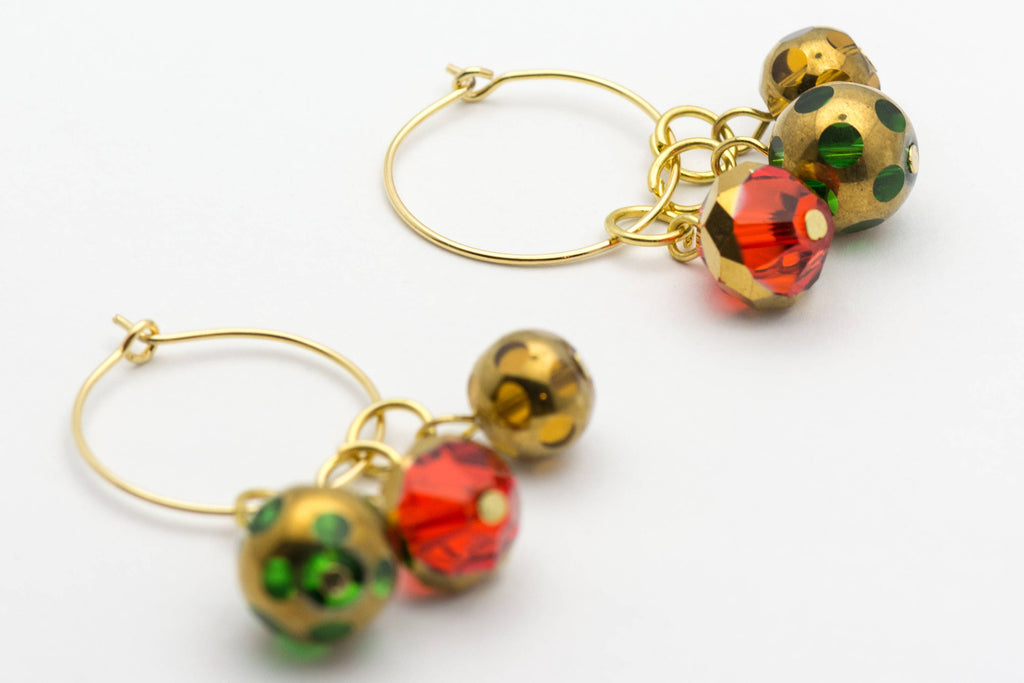 Christmas Hoop Earrings | Red Faceted Glass Hoop Earrings | Holiday Earrings | Gold Hoop Earrings | Open Hoop Earrings | 20mm