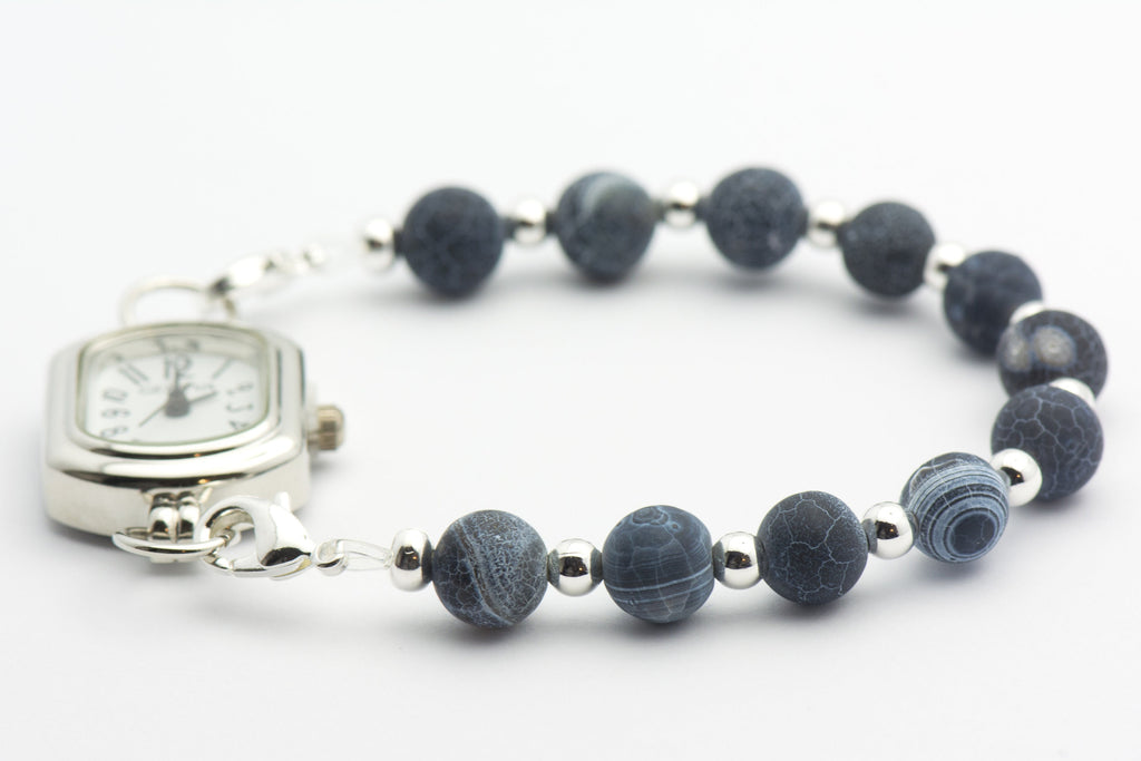 Black Agate Crackle Watch Band • Medical ID Bracelet • Handmade Watch Band • Gemstone Stretch Watch Band
