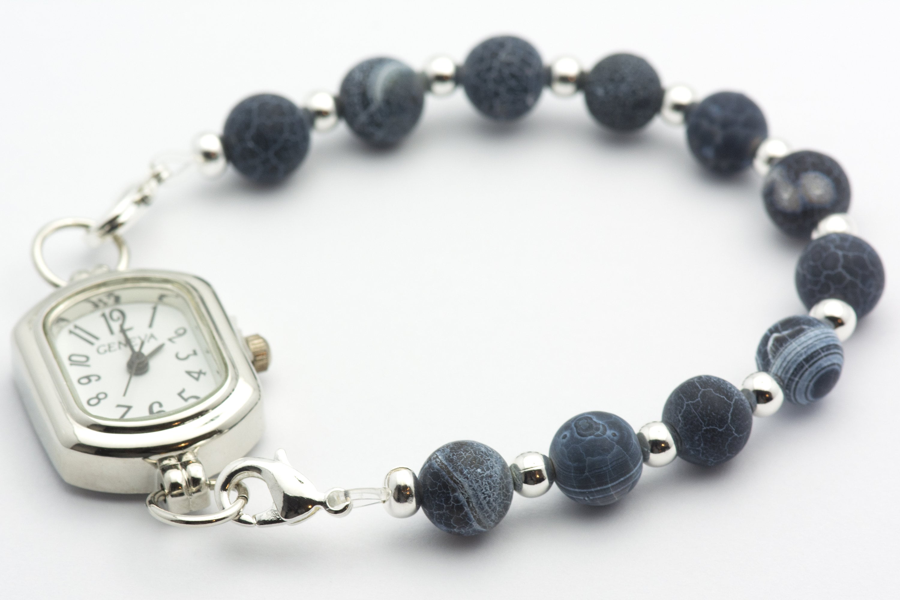 Black Agate Crackle Watch Band • Medical ID Bracelet • Handmade Watch Band • Gemstone Stretch Watch Band