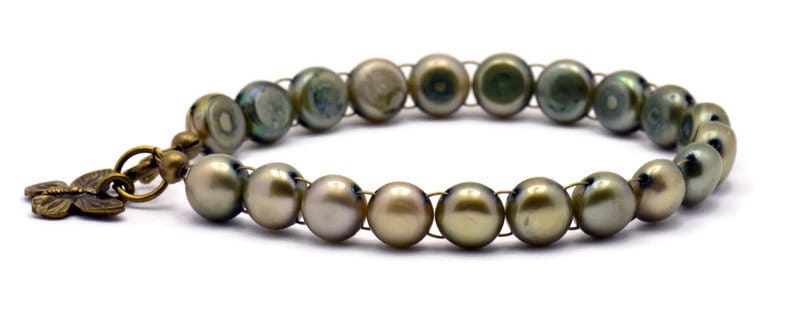 Brass Butterfly Bracelet, Freshwater Pearl Beaded Bracelet, Olive Pearl Bracelet, Pearl Bracelet Band, Butterfly Bracelet