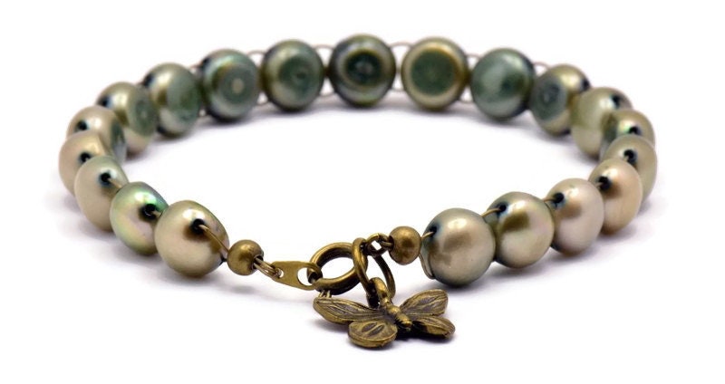 Brass Butterfly Bracelet, Freshwater Pearl Beaded Bracelet, Olive Pearl Bracelet, Pearl Bracelet Band, Butterfly Bracelet