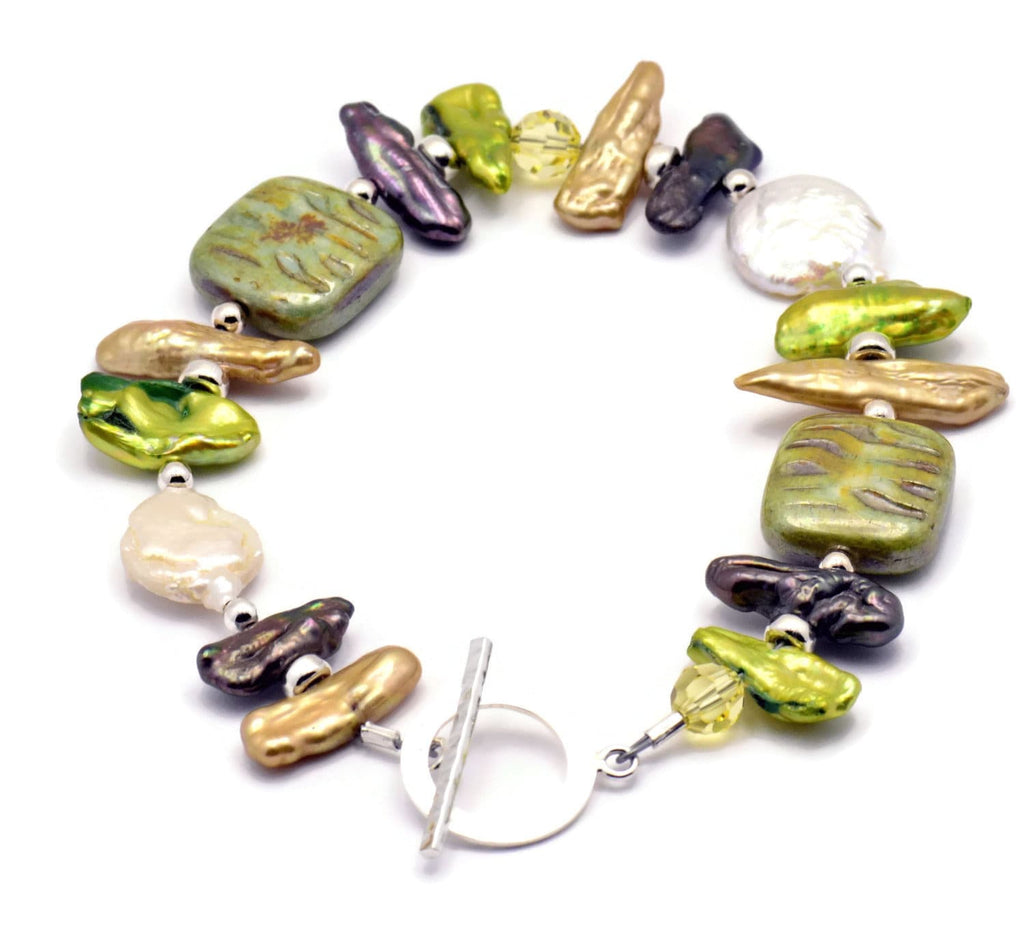Evergreen Freshwater Pearl Bracelet, Pearl Bracelet, Green Bracelet, Unique Beaded Bracelet, Sterling Silver Bracelet