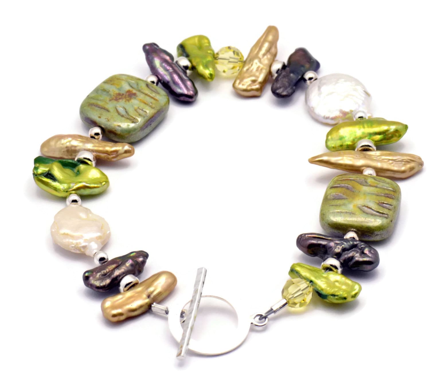 Evergreen Freshwater Pearl Bracelet, Pearl Bracelet, Green Bracelet, Unique Beaded Bracelet, Sterling Silver Bracelet