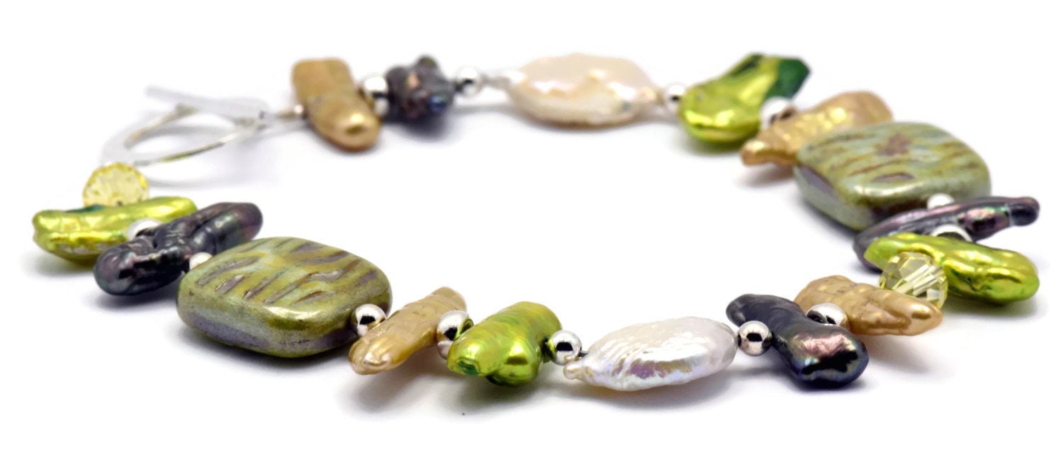Evergreen Freshwater Pearl Bracelet, Pearl Bracelet, Green Bracelet, Unique Beaded Bracelet, Sterling Silver Bracelet