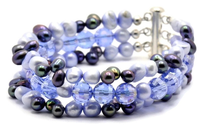 Clear Skies Freshwater Pearl and Crystal Multi Strand Silver Plated Beaded Bracelet