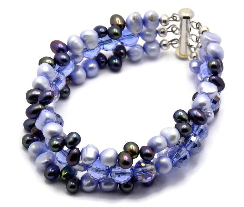 Clear Skies Freshwater Pearl and Crystal Multi Strand Silver Plated Beaded Bracelet