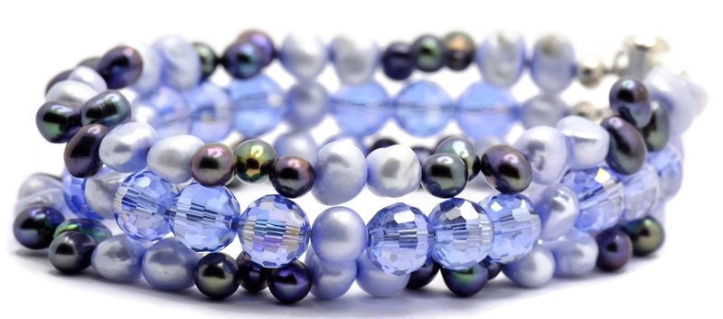 Clear Skies Freshwater Pearl and Crystal Multi Strand Silver Plated Beaded Bracelet