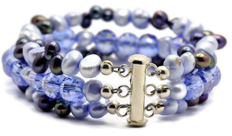 Clear Skies Freshwater Pearl and Crystal Multi Strand Silver Plated Beaded Bracelet