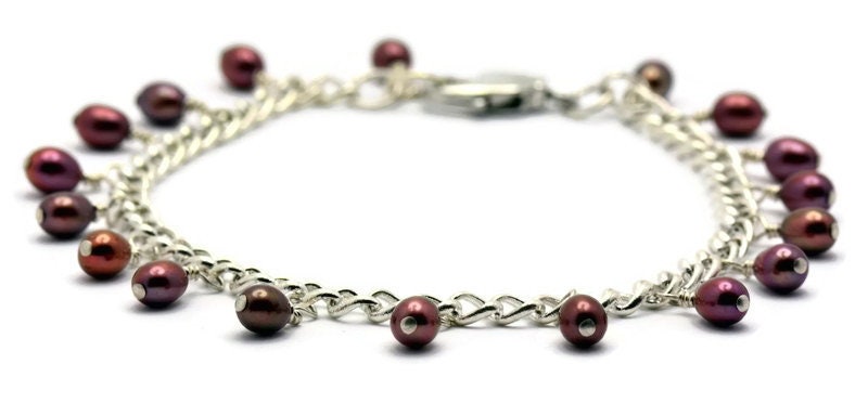 Berries Freshwater Pearl Dangle Silver Plated Chain Bracelet