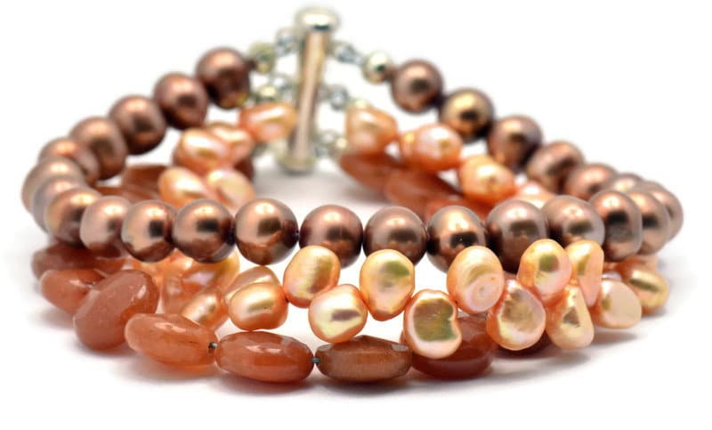 Gingerbread Freshwater Pearl and Red Aventurine Multi Strand Sterling Silver Beaded Bracelet
