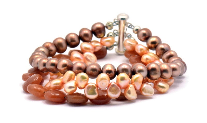 Gingerbread Freshwater Pearl and Red Aventurine Multi Strand Sterling Silver Beaded Bracelet