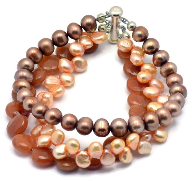 Gingerbread Freshwater Pearl and Red Aventurine Multi Strand Sterling Silver Beaded Bracelet