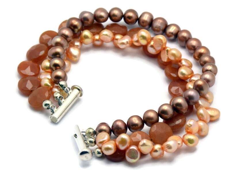 Gingerbread Freshwater Pearl and Red Aventurine Multi Strand Sterling Silver Beaded Bracelet