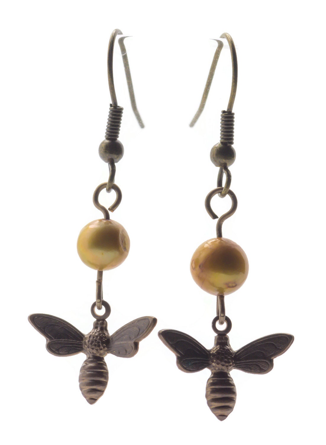 Honey Bee Earrings, Bee Earrings, Women Insect Jewelry, Freshwater Pearl Earrings, Wife Earrings Gift