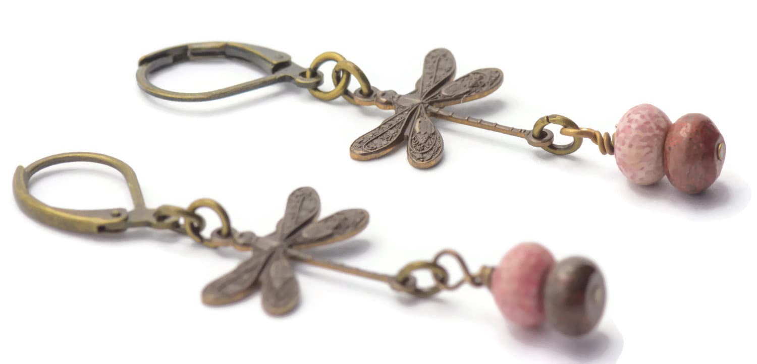 Vintaj Natural Brass Dragonfly and Fossil Coral Leverback Earrings